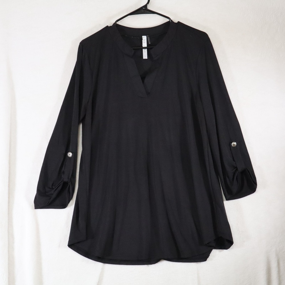 Dear Scarlett Women's M Black Blouse V‑Neck Roll Tab Sleeve Lightweight Tunic